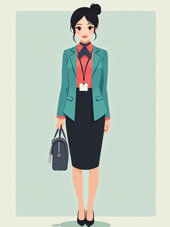 Illustration of a female airport ground staff in uniform. She wears a coral-pink blouse with a mandarin collar and a turquoise blazer. A black pencil skirt completes the look. Black pantyhose are optional. Footwear consists of low-heel black pumps. The character has bunned black hair with a cute, friendly face featuring light makeup and red lips. A name tag is pinned to her blazer and a black lanyard displays her ID badge. A dark-blue-gingham scarf is tied at her neck. She holds a dark-grey satchel and is depicted from head to toe in a kawaii style.