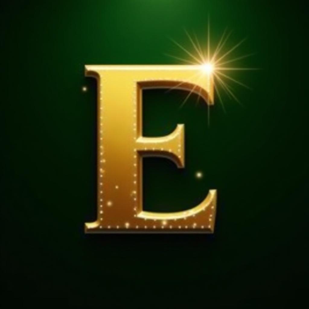 Golden letter E on dark green background. Shiny surface with star-like gleam in top right corner.