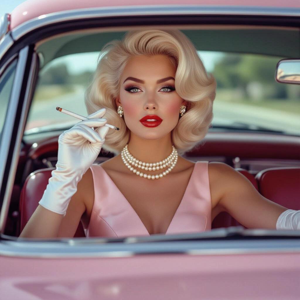 Vintage 1960s woman with voluminous platinum blonde hair and flawless makeup. Wearing a pale pink dress with a delicate pearl necklace. Holding a cigarette while driving a car with the door open. Accessories include white gloves and diamond earrings. Rendered in a style reminiscent of Slim Aarons photographs.