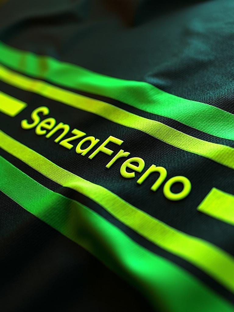 The image shows a close-up of racing stripes featuring neon green and yellow colors. The word SenzaFreno is prominently displayed on the fabric.