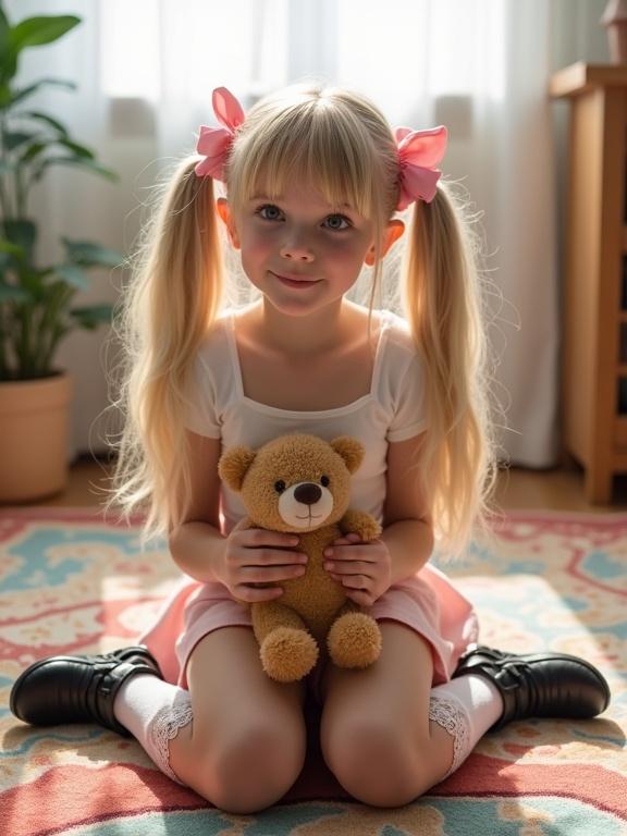 Girl kneels on a colorful rug in a living room. She wears a white crop top and a pale pink skirt with thigh-high socks. She holds a teddy bear. Long blonde twin tails with pink bows decorate her hair. Soft light filters through the window. The atmosphere is cheerful and playful.