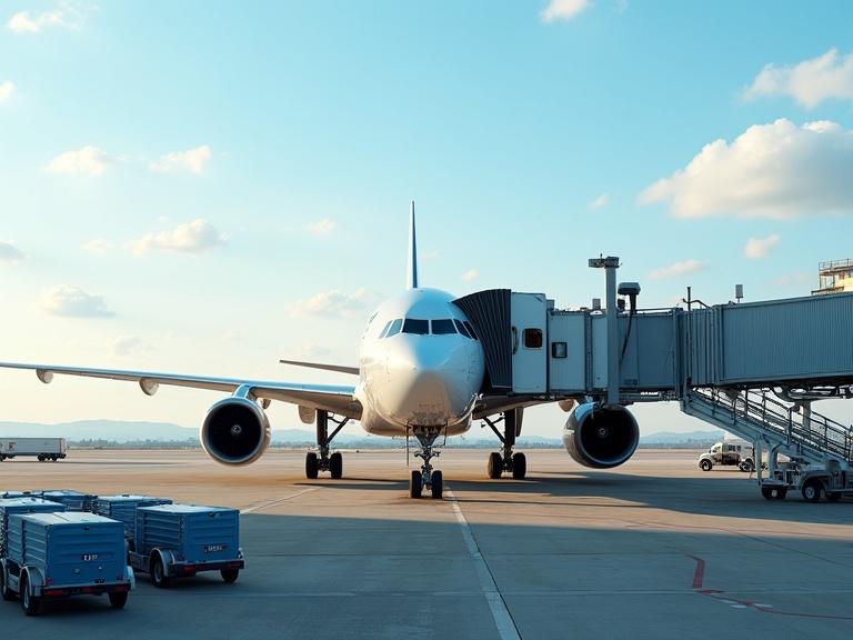 Photo of large commercial airplane at airport gate during daytime. Clear sky with some clouds. Airplane parked at gate with jet bridge attached on right. White airplane with blue and red stripes on tail. Two large engines under wings. Ground equipment including luggage carts and a small truck in foreground. Several small blue and white service vehicles in bottom left corner. Airport tarmac with distant horizon and buildings. Sunlight casting shadows. Realistic and detailed.