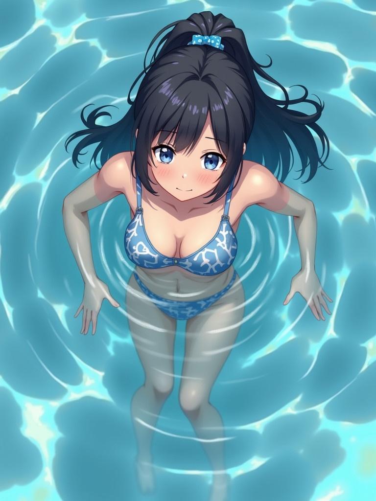 Anime girl in pool wearing blue swimsuit. Bright blue water with reflections. Character has long hair, big eyes, and a cute expression. Bird's-eye view perspective.