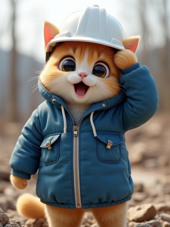 Realistic cat wearing white helmet and blue work jacket standing on a construction site. Cat has a surprised expression and is scratching head with one paw.