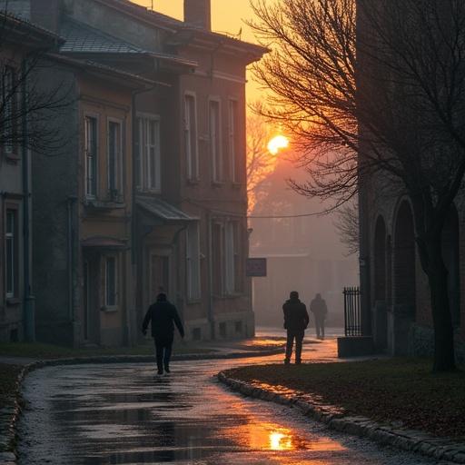 Silhouetted figures walking in a urban setting during sunset. Soft light casts reflections on the wet street. Foggy atmosphere enhances the mood.