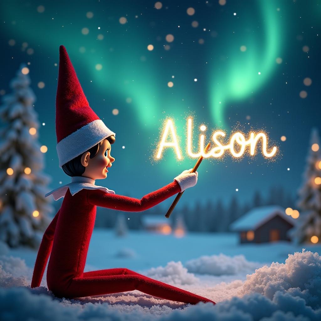 The image showcases an adorable elf on the shelf with his back turned, using a wand to weave magical letters in the night sky. The elf looks excited as he writes the name 'Allison' in sparkling, glowing letters. The background features a stunning winter landscape, complete with gently falling snow and beautifully lit trees. Above, the enchanting northern lights provide a dazzling, colorful display. This scene captures the magic of Christmas, evoking feelings of wonder and joy.