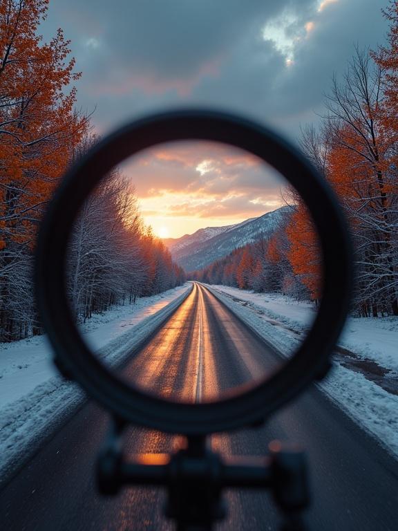 POV shot of a sunset viewed through a circular lens along a snowy road