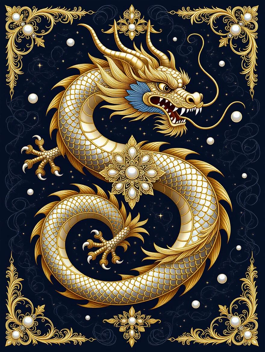 An abstract dragon composed of fractal geometry. Dragon features ornate curves and glowing gold highlights. Image includes embedded white pearls on a light navy background. Inspired by religious iconography and early medieval illuminated manuscript style. Symmetrical and repetitive patterns enhance the sacred atmosphere. Detailed intricate symbols illustrate a holy creature with mythic spiritual energy.