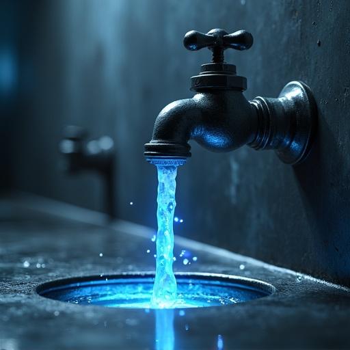 A modern faucet with a sleek design. Water flows from the tap in a bright blue hue. The background is a textured dark wall. Soft blue lights illuminate the water stream. The faucet is metallic and stylish.