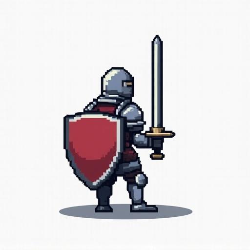 A knight stands ready for battle. Facing right. Holding a sword and shield. Pixel art style. 256x256 size. Transparent background.