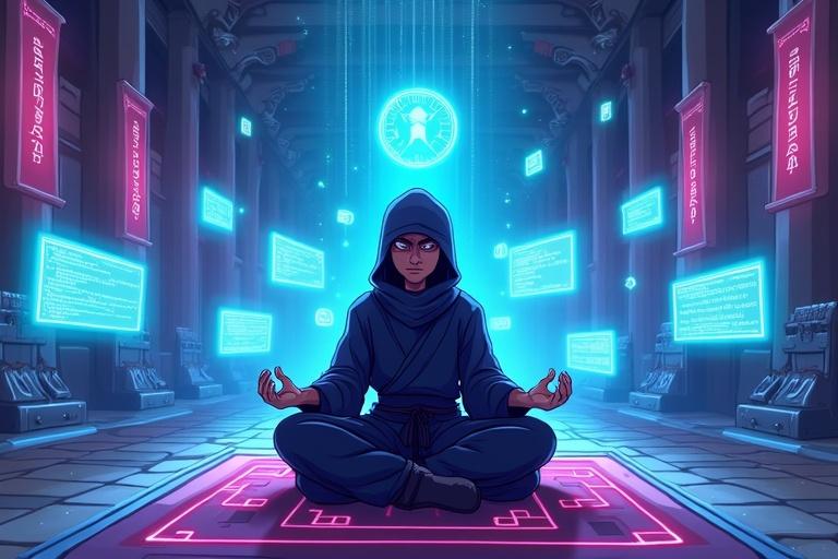 Cartoon-style YouTube thumbnail in 16:9 ratio. Depict meditating ninja surrounded by floating holographic screens. Screens display algorithms. Ninja in serene pose with glowing code symbols orbiting. Futuristic temple background with tech gadgets and digital scrolls. Use calming blues and purples with glowing accents. Include text ‘Unlock Ninja Code Mastery!’ in glowing neon line at the top.
