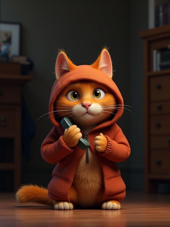 3D render of an orange tabby cat wearing a hoodie. The cat sits on the floor holding a phone with an annoyed expression. The background is a dark room with a cluttered atmosphere and soft light from the phone brightening the cat. Realistic textures feature prominently, with a centered composition.