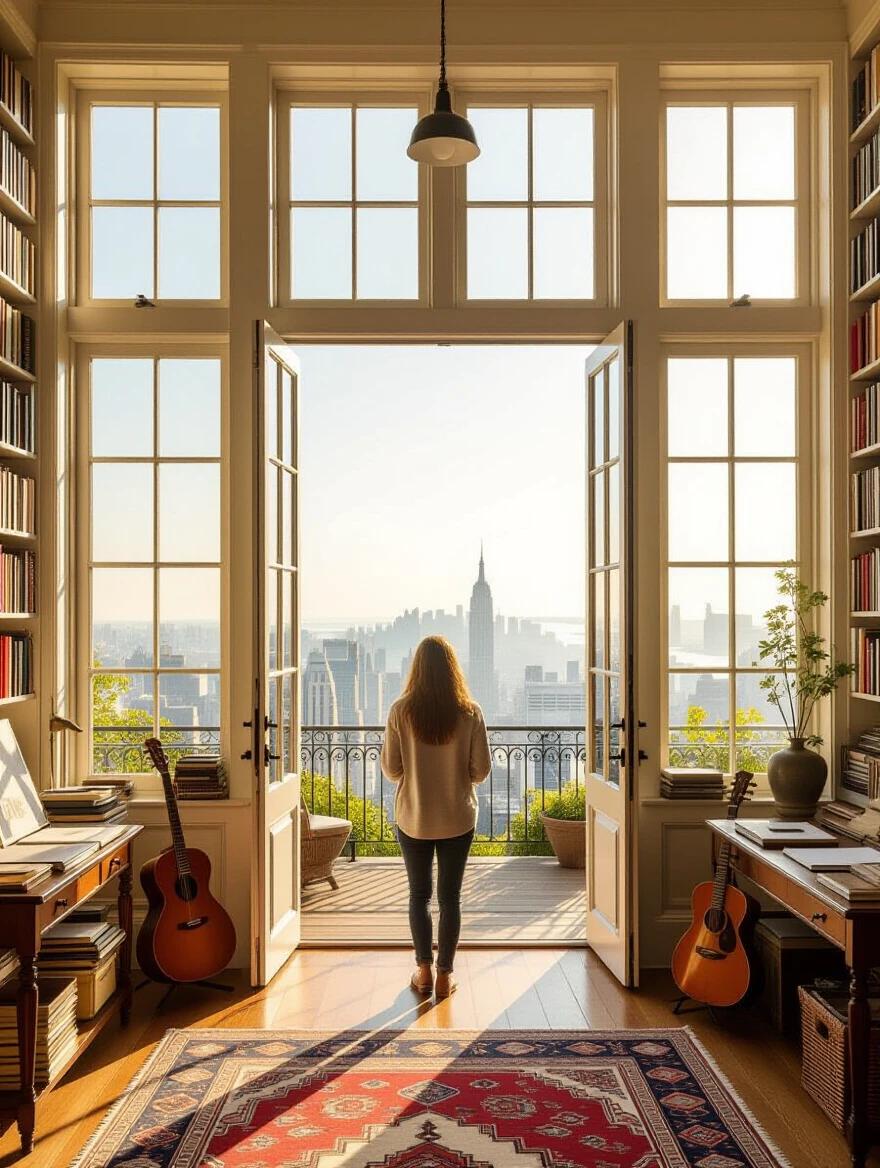 Person stands in bright room with large windows. Scenic view shows city skyline. Room features books, art supplies, and musical instruments. Warm light creates inviting atmosphere. Space embodies readiness for future.