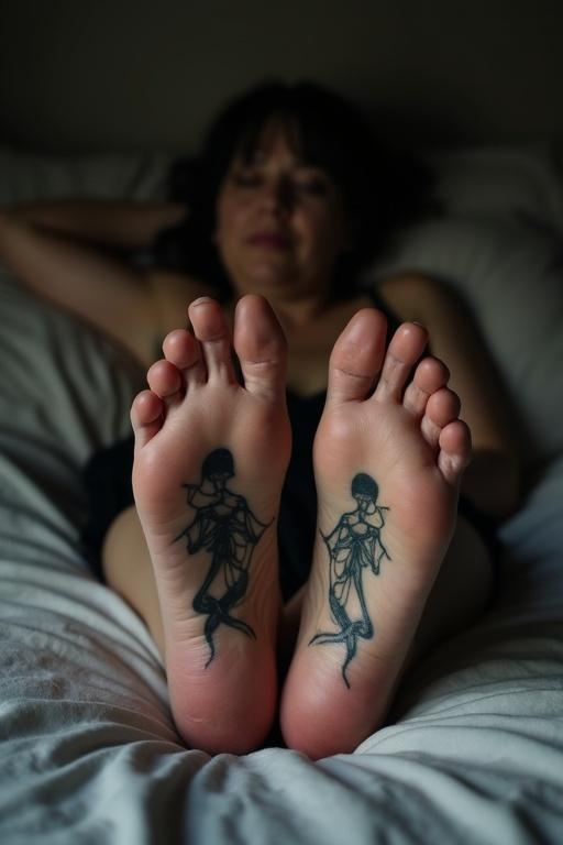 Image shows a mature goth woman showing her tattooed soles on her bare feet. She's lying on the bed and sleeping.