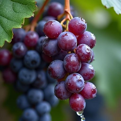 Close view of wet purple grapes on a vine. Water droplets visible on the grapes.