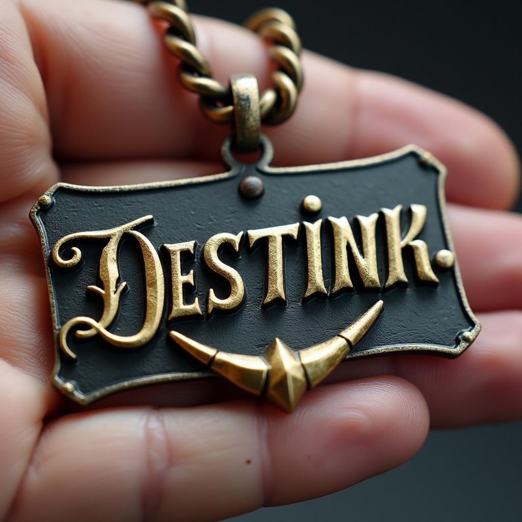 A hip hop style nameplate pendant in the shape of a sign with the word 'Destink' in bold letters, held in a hand. The pendant features a bronze-colored chain and a distinctive design.