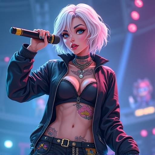 Anime woman with beautiful face and frosted blue eyes. Short light blonde wavy hair. Piercings and colorful tattoos. Wearing modern punk rock streetwear. Classy yet edgy look. Inside modern concert arena. Performing on stage with microphone at night.