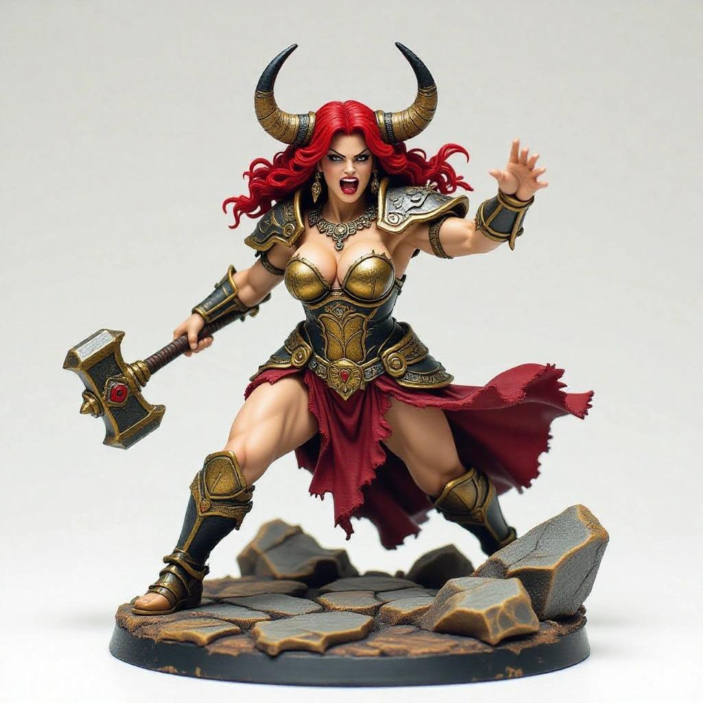 Resin figure of a voluptuous woman with fair skin and fierce expression. Dynamic pose with one leg forward and arms raised. Large war mace striking ground. Enormous bull horns and heavy armor with gold details. Torn dress flaps. Stands on rocky base with cracks.