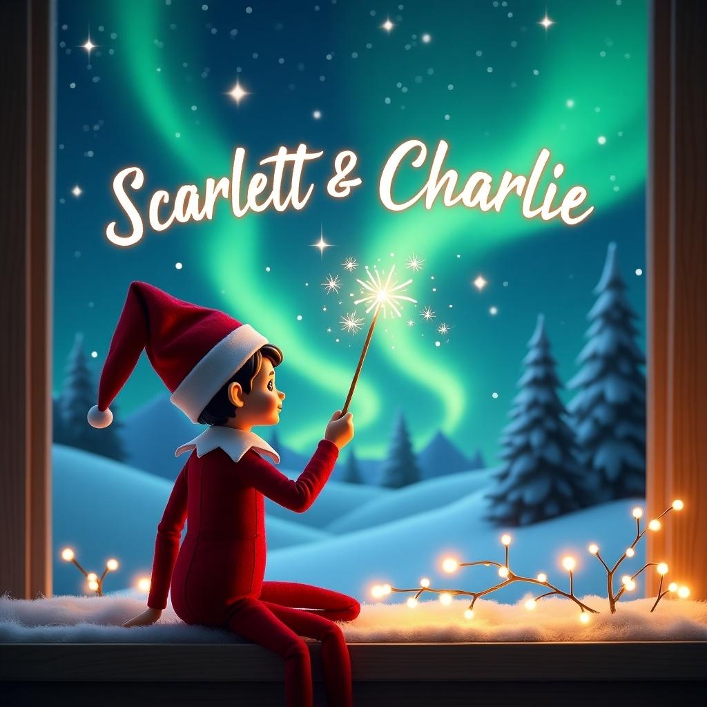 The scene features an Elf on the Shelf, perched on a windowsill with its back to the viewer, gazing up at a magnificent northern lights display. The elf holds a wand, elegantly crafting the names 'Scarlett & Charlie' in the starry sky. Snow-laden trees frame the enchanting scene, while soft lights twinkle around the elf. The overall ambiance is festive and magical, perfect for a holiday greeting. This artwork is colorful, emphasizing the spirit of Christmas and the playful nature of the elf's character.