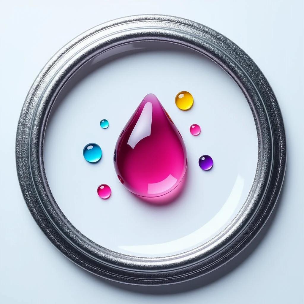 Minimalist circle icon with geometric silver brush tip centered. Large hyper-realistic magenta droplet surrounded by three tiny splashes in cyan, yellow, and purple. Clean white background with soft shadows and 85% negative space. Emphasis on color pop at small scales.