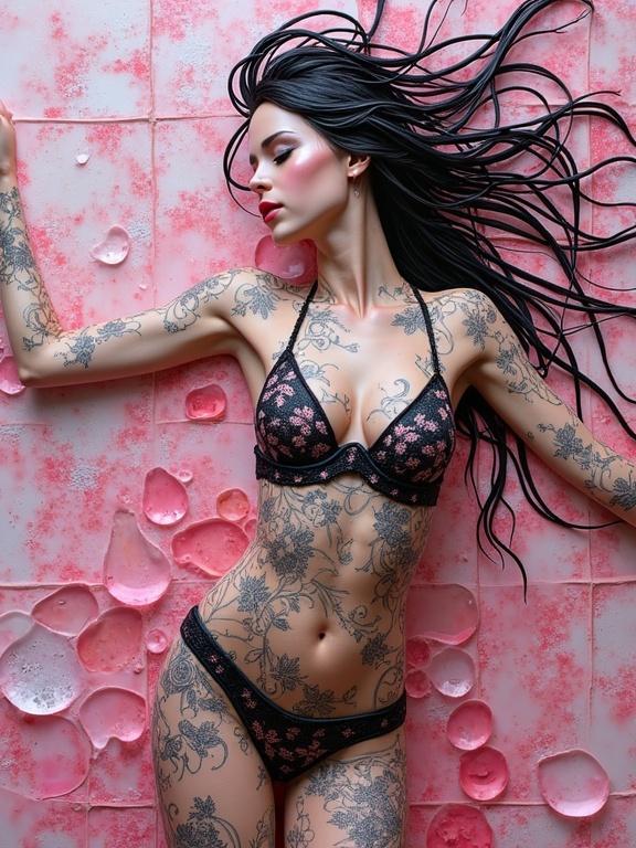 3D iridescent ceramic tile and glass mosaic used as background. Model with tattoos wearing a pink and black bikini. Abstract and ethereal vibe with glossy textures.