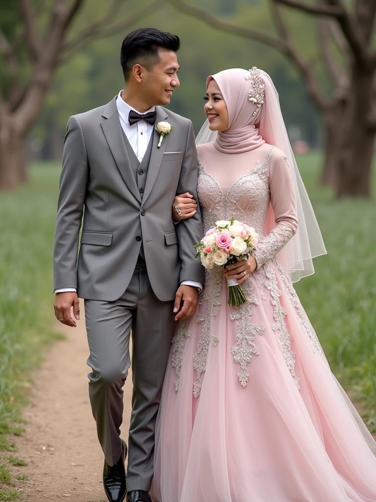 Muslim wedding image scene. Couple walking arm in arm. Bride wears a pastel wedding dress. Groom wears a grey suit. Background features green grass and trees. Romantic outdoor setting.