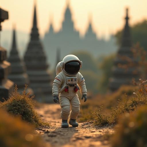 Miniature photo of an astronaut walking in an ancient setting. Focus on Burmese temples and pagodas. Captured in tilt shift style with extra high detail.
