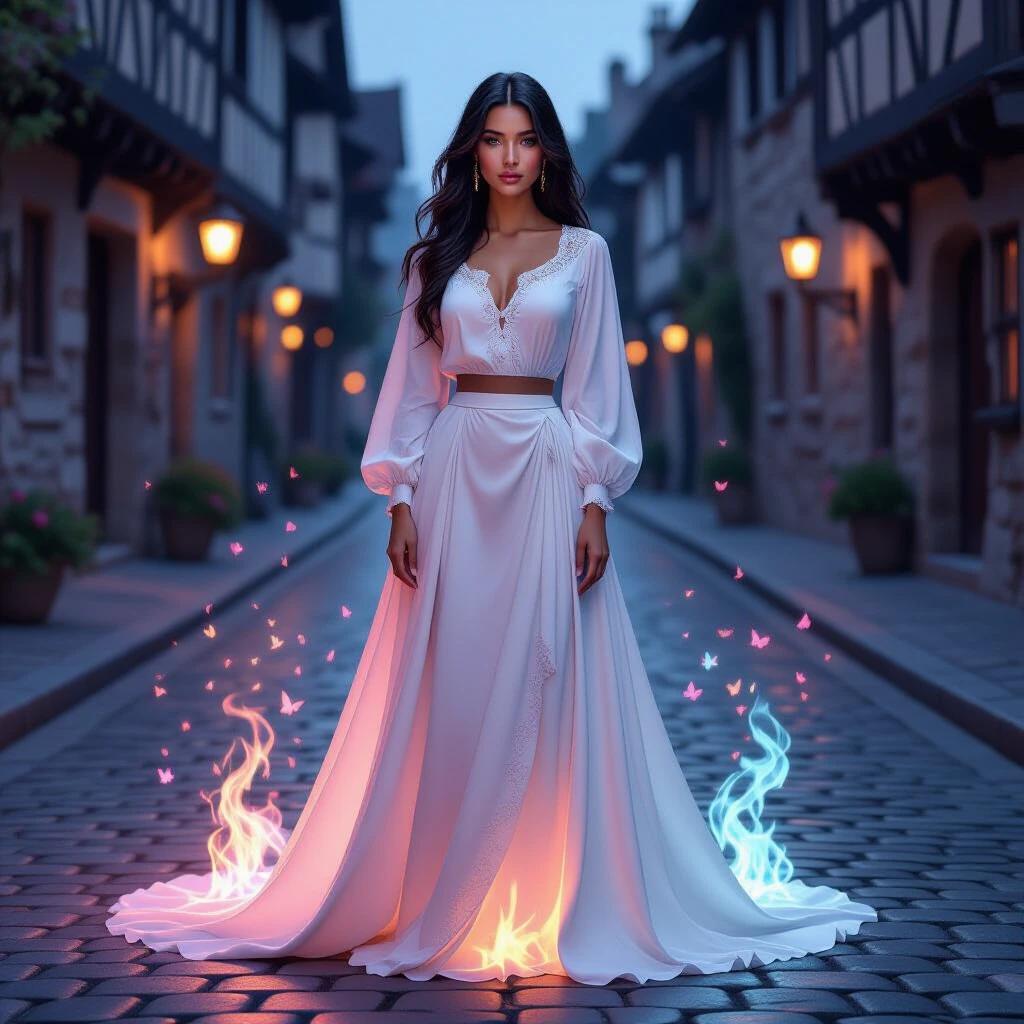 A realistic woman stands alone on a medieval cobblestone street at dusk wearing a white blouse and long skirt. She has detailed skin and flowing dark hair. Soft magical flames rise from her feet, transitioning from pastel pink to baby blue. Light particles shimmer, and butterflies drift in the air. A faint magic circle glows behind her. The scene is cinematic and photo-realistic.