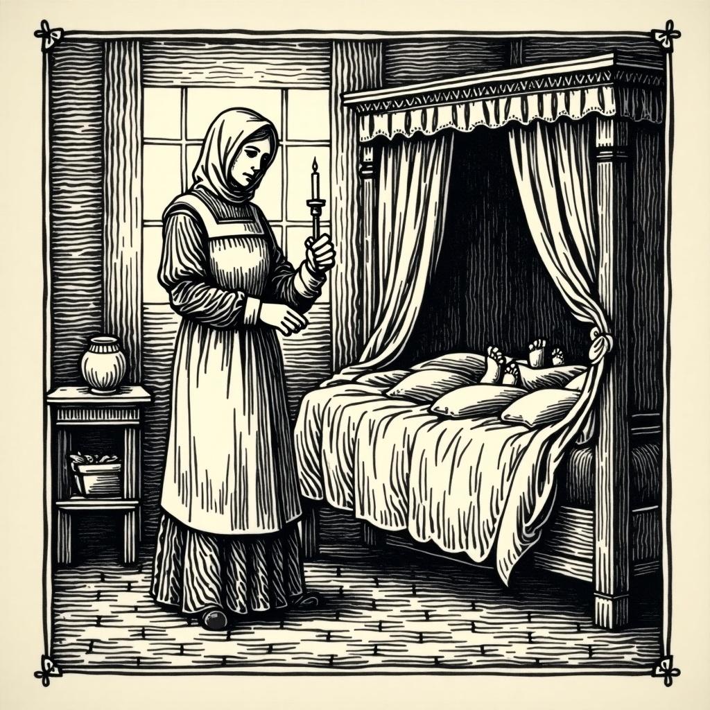 Image of a servant using a candle snuffer in a bedroom scene. Woodcut style art. Bedroom has a medieval bed with canopy. Four feet visible under bed covers. Checkerboard floor design. Decorative frame borders the image.