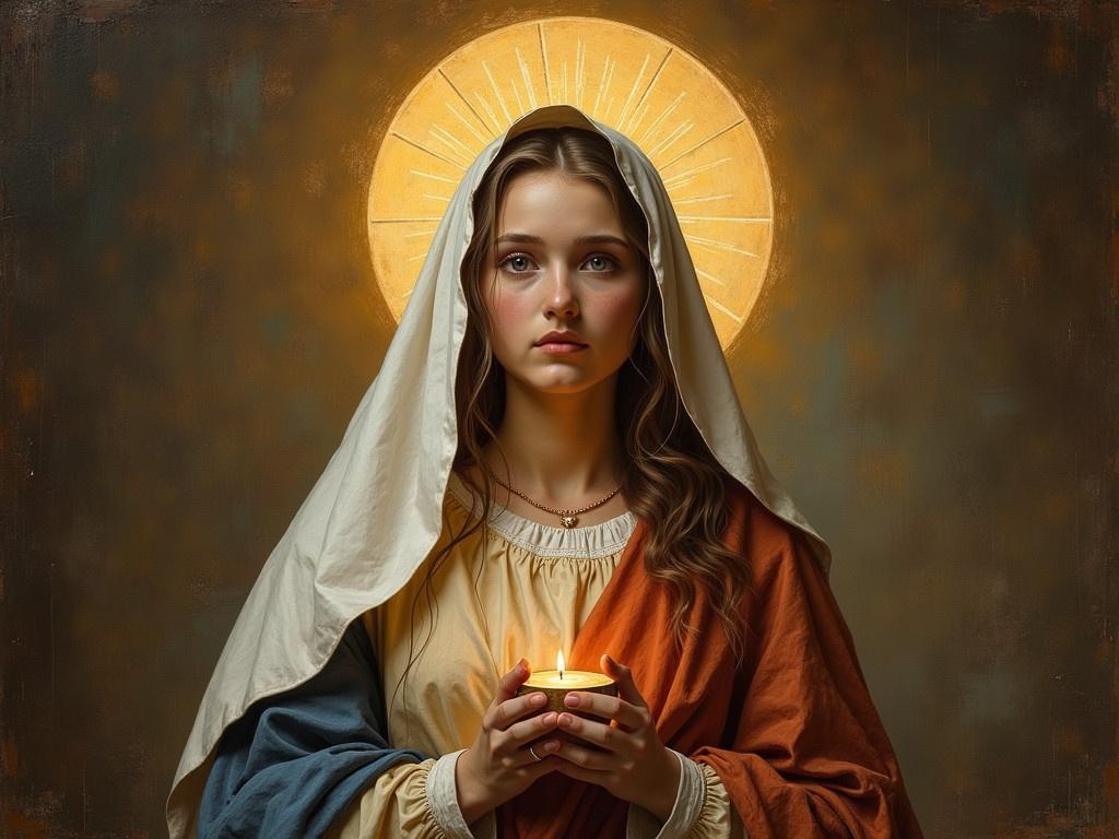 A serene female figure resembling Mary holding a candle. The figure is surrounded by a soft golden glow. The dress is multi-colored with beige and orange. The background has a warm, textured look.