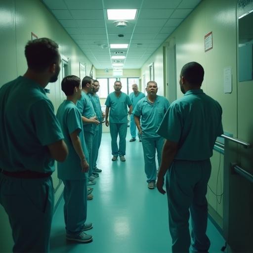 Group of healthcare professionals in scrubs stand in hallway of a psychiatric clinic. Corridor is brightly lit with turquoise floors and walls. Healthcare professionals seem engaged with each other.