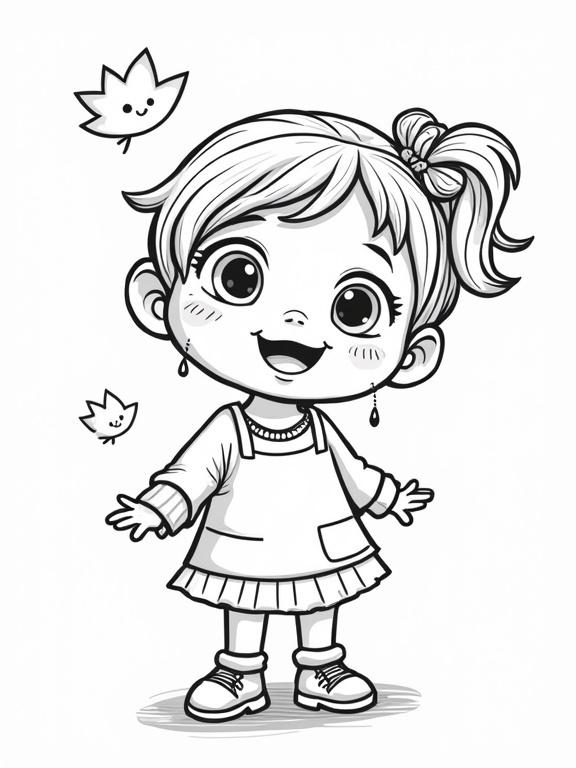 Cheerful child character for coloring. Simple lines and details. Child-friendly design with playful elements. Can be used in educational contexts.