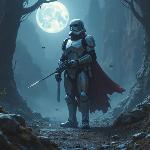 A serene space knight stands in a ghost town. The knight wears shining armor and a flowing cape. The background features a large glowing moon and eerie trees. A mystical atmosphere envelops the scene. The ground is rocky and desolate.