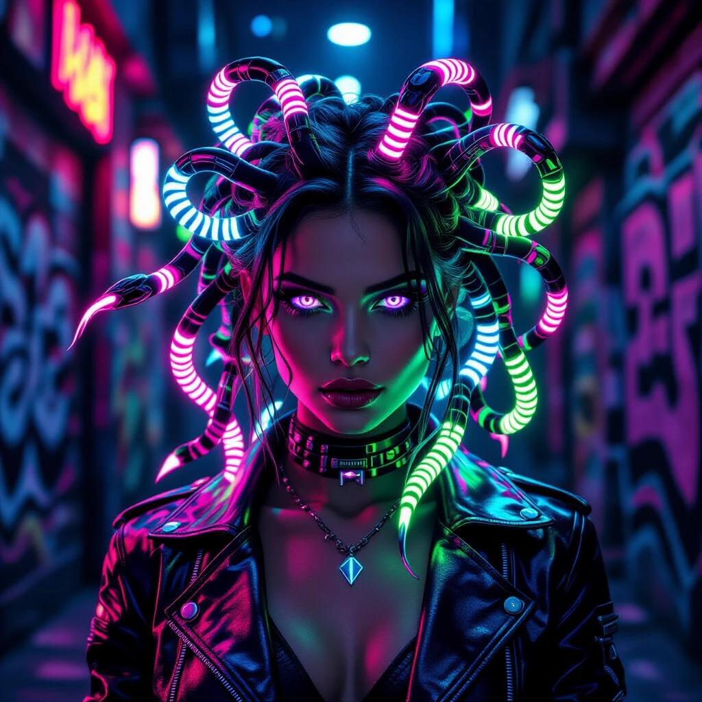 A character inspired by Medusa with neon snakes for hair. Each snake glows in electric colors. The background features graffiti walls. The atmosphere is dark with moody lighting. The character wears edgy fashion with metallic textures. The expression is strong and mysterious.