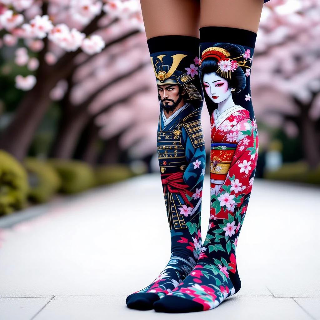 Close-up of thigh-high socks. Features a samurai and geisha design. Surrounded by cherry blossoms and ivy. Vibrant dark colors. Professional high-definition photograph.
