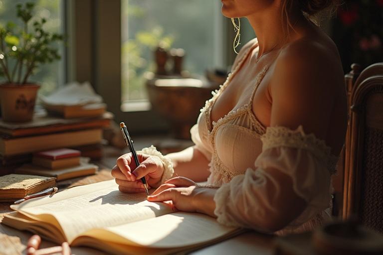 A serene indoor setting with a woman designing lingerie. She is writing in a notebook surrounded by books and draft papers. Sunlight filters in through a window, casting a warm glow. The scene conveys creativity and inspiration. A quote from Helen Keller about overcoming adversity is reflected in the atmosphere.