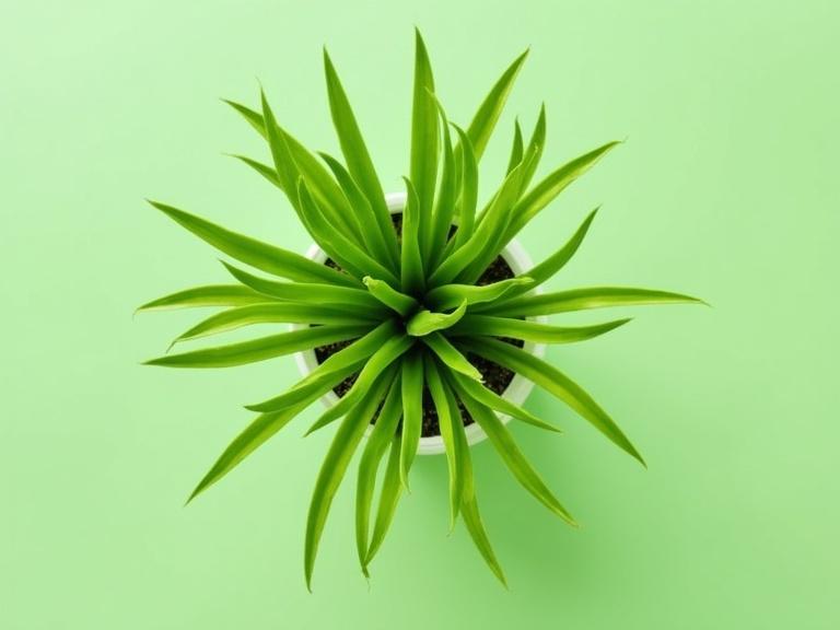 Close-up of a potted plant with lush green leaves radiating from a central stem. Light background enhances the green colors.