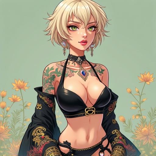 Anime character with emerald green eyes and light blonde curly hair. Dressed in edgy high fashion. Large breasts and muscular arms. Traditional Japanese tattoos adorn the skin. On a magazine cover.
