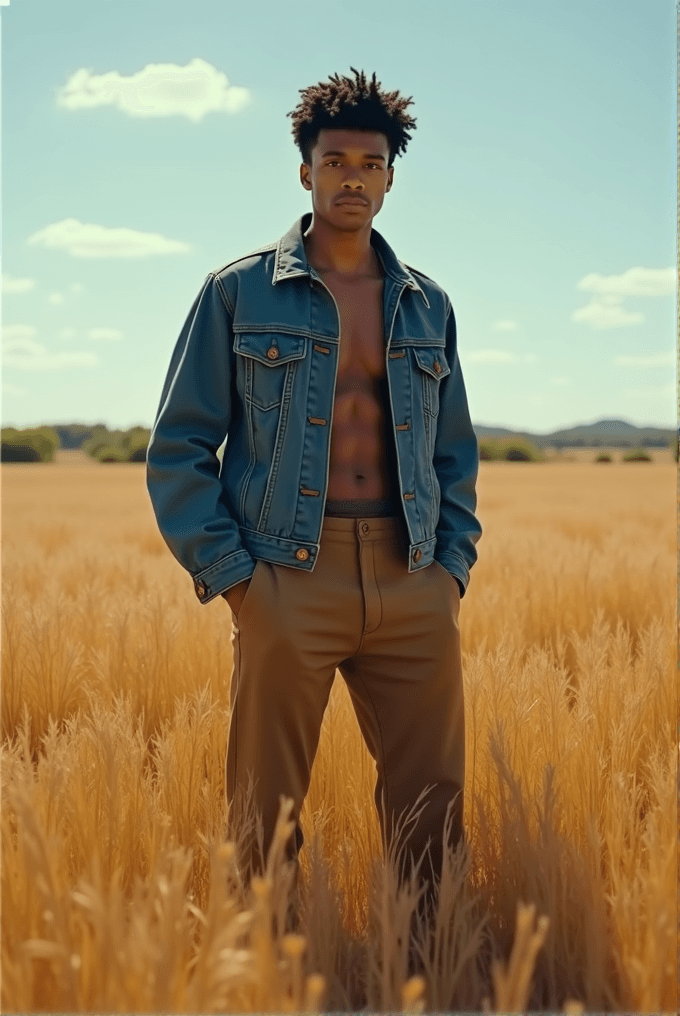 A person stands in a vast golden wheat field under a clear blue sky, wearing a denim jacket and khaki pants.