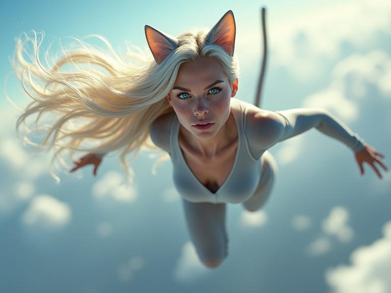 Photorealistic depiction of a muscular woman flying in the upper atmosphere. She has long platinum blonde hair and cat ears and a tail. The bodysuit is skintight and futuristic. Sapphire blue eyes are striking. Beautiful dimples frame luscious lips.