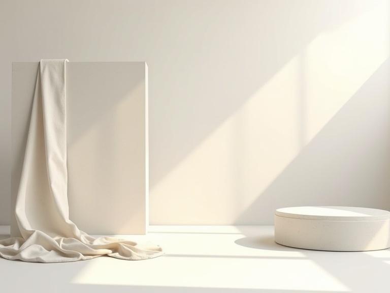 Clean and minimalist background designed for modern product photography. Features neutral colors with soft off-white, light grey, or warm beige tones. Surface appears as smooth matte concrete or plaster. Natural diffused lighting casts soft realistic shadows. Includes minimal decor like a curved pedestal and draped fabric. Backdrop feels spacious, airy, and editorial. No logos or people.