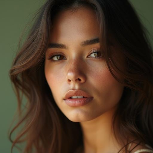 A stunning portrait image in studio style with earthy colors. Features a close-up of a woman's face. Soft lighting highlights her features. Rendered in high definition.