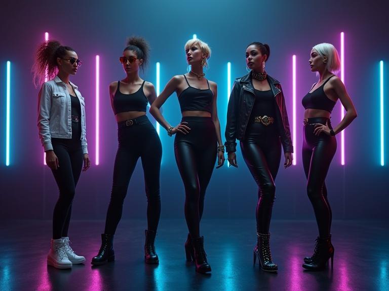 Cinematic image features female music group members with distinct styles. Each woman showcases a unique fashion trend. The background has colorful neon lights contrasting with a dark floor. The focus is on their striking poses and fashionable outfits.