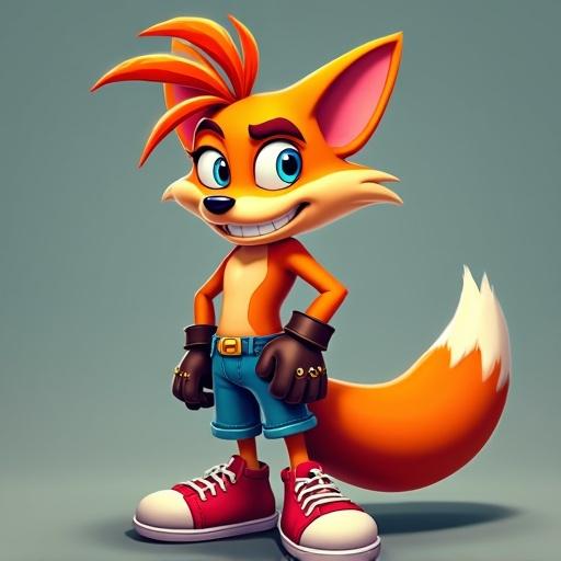 Cartoon fox character with orange fur and spiky hair. Wears blue shorts and red sneakers. Standing with hands on hips and a confident smile.