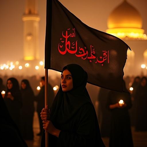 Spiritual scene at night in Karbala. Young Shia woman in black holding a black flag with Ya Hussain. Women in black with candles. Glowing golden shrine domes. Emotional highlights. Misty orange sky. Dramatic lighting.