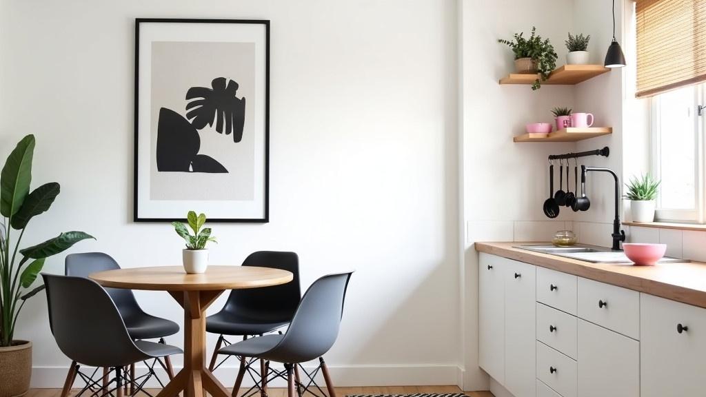 Modern minimalist dining area with a round wooden table and gray upholstered chairs. One black chair is included. A small plant decorates the table. A large leafy potted plant stands beside the table. A black-framed abstract artwork is above. On the right, a kitchen counter features white cabinets and a wooden countertop with a pink dish. A black rod displays kitchen utensils. Pink mugs rest on wooden shelves above. A checkered black and white floor mat is present, along with a pendant light and window blinds.