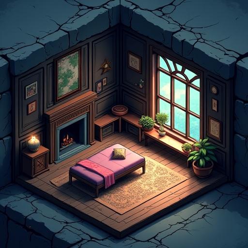 Interior of a cabin in isometric view. Style reflects 90s dark fantasy anime. Focus on cozy elements like a bed with pink cover. Large window illuminates plants and furnishings. Mood is warm yet mysterious.