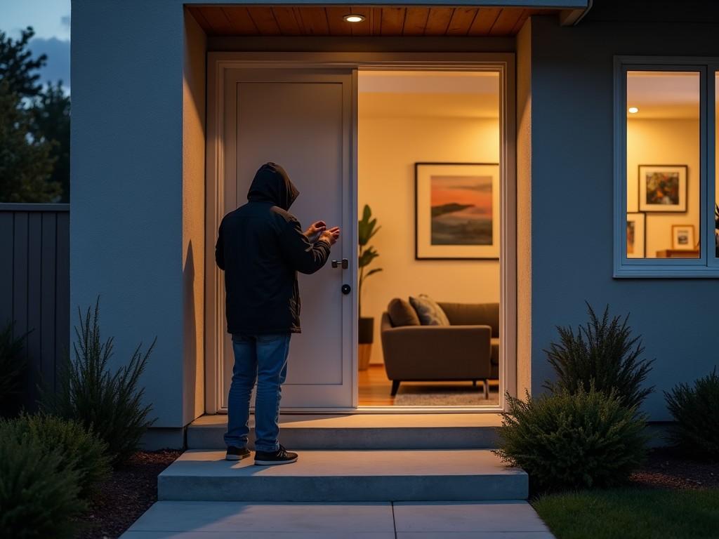 A person in a hoodie is attempting to pick the lock of a front door at night, with warm light spilling out from inside the house.