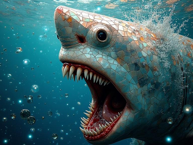 Full view of a shark with a mouth open. Shark made of iridescent ceramic tiles and glass mosaic. Underwater scene with bubbles around. Ethereal background with soft painting effects. Influences from Greg Rutkowski and Hajime Sorayama. Includes abstract and encaustic mixed media.