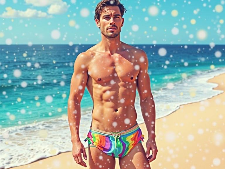 The image shows a muscular male figure standing on a tropical beach. The subject wears colorful swim trunks. The background features a bright blue ocean and a sandy shore. The image is designed with a playful dot pattern for a vibrant effect.